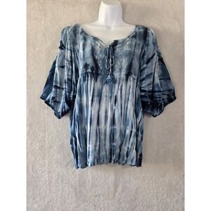GUC Dressbarn Blouse Womens XL Blue Tie Dye Babydoll Crochet Hippie Whimsigoth